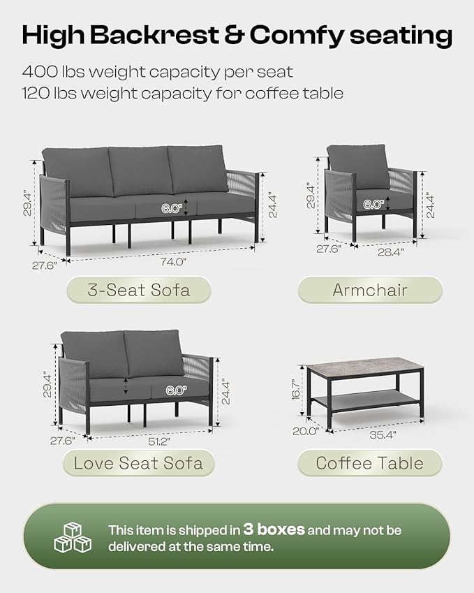Aluminum Patio Furniture Set, 5 Seats Modern Outdoor Sectional Furniture with PE Rope & Dual-Layer Coffee Table, Luxury Patio Conversation Sets with 6" Cushions for Backyard/Garden, Charcoal
