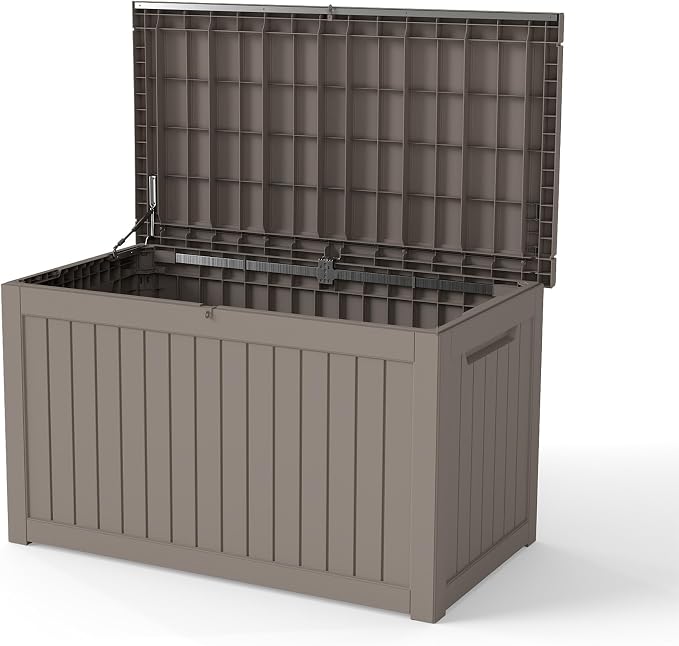 LAUSAINT HOME 240 Gallon Giant Resin Deck Box with Hydraulic Pistons - Waterproof Outdoor Storage Bench for Large Cushions, Lockable Patio Bin for Pool and Backyard (Light Brown)