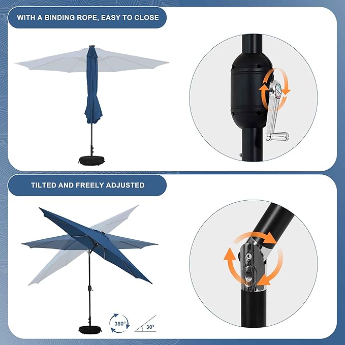 Sundale Outdoor Solar 80 LED 9 ft Patio Umbrella with Sand Bag Umbrella Base, Outdoor Umbrella with Tilt and Crank, Navy