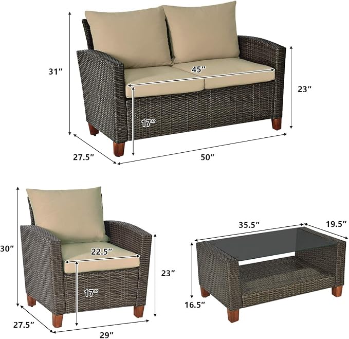 HAPPYGRILL 4 Pieces Patio Conversation Set Outdoor Rattan Wicker Furniture Set Sectional Wicker Sofa Chair & Coffee Table Set for Porch Poolside Backyard