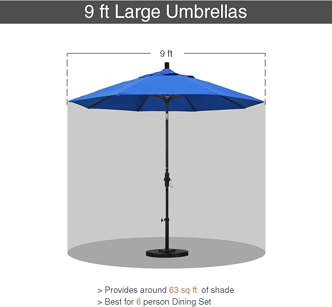 California Umbrella 9' Round Aluminum/Fiberglass Umbrella, Push Open, Bronze Pole, Olefin Royal Blue Fabric