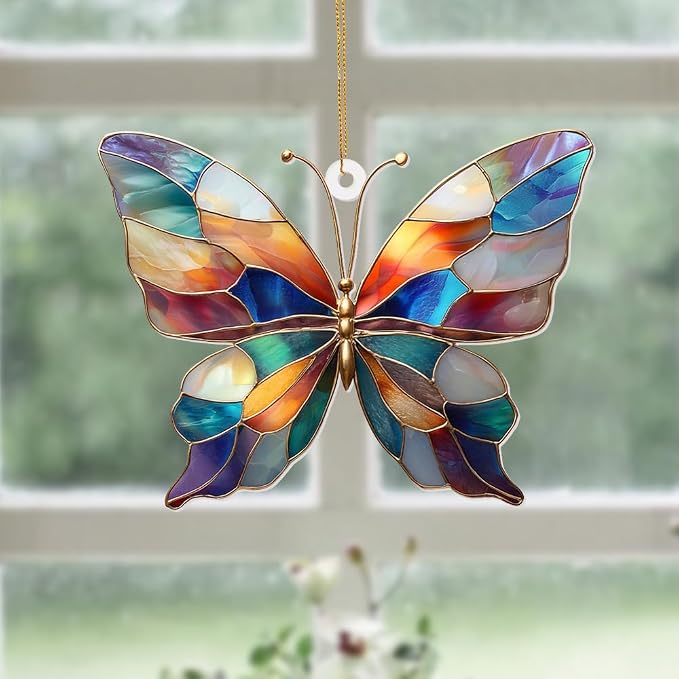 Stained Glass Butterfly Ornament Acrylic – Colorful Suncatcher Window Hanging, Glass Butterfly Decoration for Christmas Tree 2026, Spring Garden Décor, Gifts for Women & Nature Lovers(Sun-04)