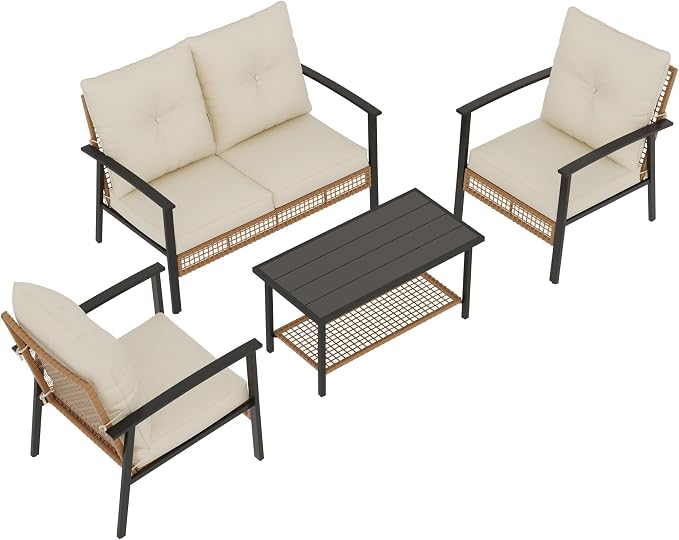 Deersky 4 Piece Outdoor Patio Furniture Set, All-Weather Modern PE Wicker Rattan Conversation Set with 4" Cushions for Comfortable, Easy to Assemble, Cream White