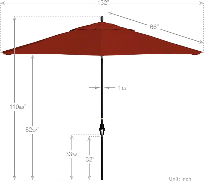 California Umbrella 11Ft Premium Sunbrella Patio Umbrella, Hand-Crank, Tilt-Collar, Black Frame, Terracotta Fabric