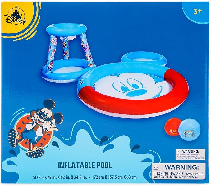 Disney Store Official Mickey Mouse Summer Fun Inflatable Pool Set with Splash Pad, Hoop, Sprayers and Balls, Fun Toddler Outdoor Toys, Mickey Face Design, Perfect for Summer Family Fun