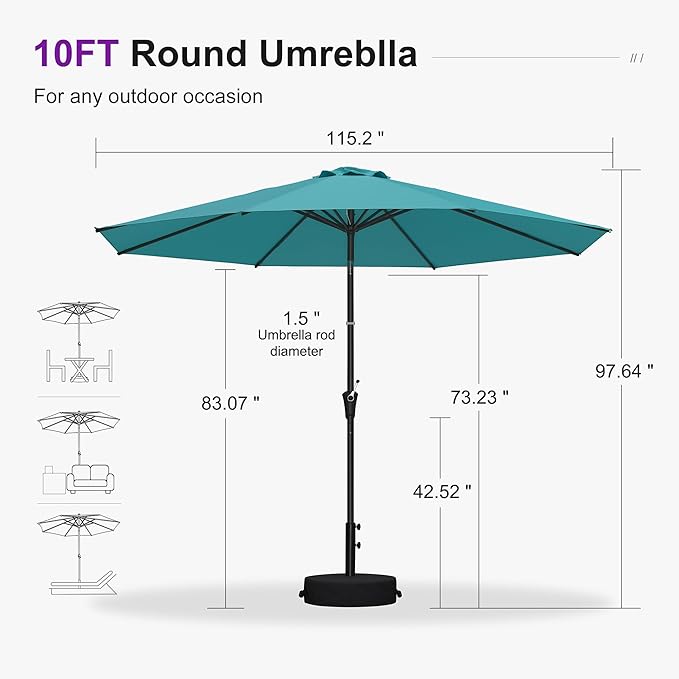 PURPLE LEAF 10' Round Patio Umbrella Outdoor Table Umbrella Aluminum Frame Market Umbrella with 8 Sturdy Ribs & Tilt for Garden Deck Lawn Pool Turquoise Blue