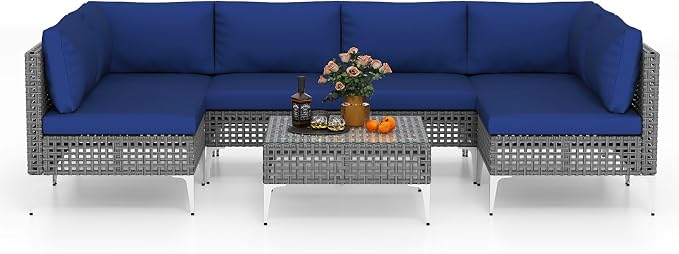 Tangkula 7 Piece Outdoor Furniture Set, Patiojoy Patio Wicker Sectional Cushioned Sofa Set with Coffee Table, for Backyard, Poolside, Porch and Lawn (Navy Blue)