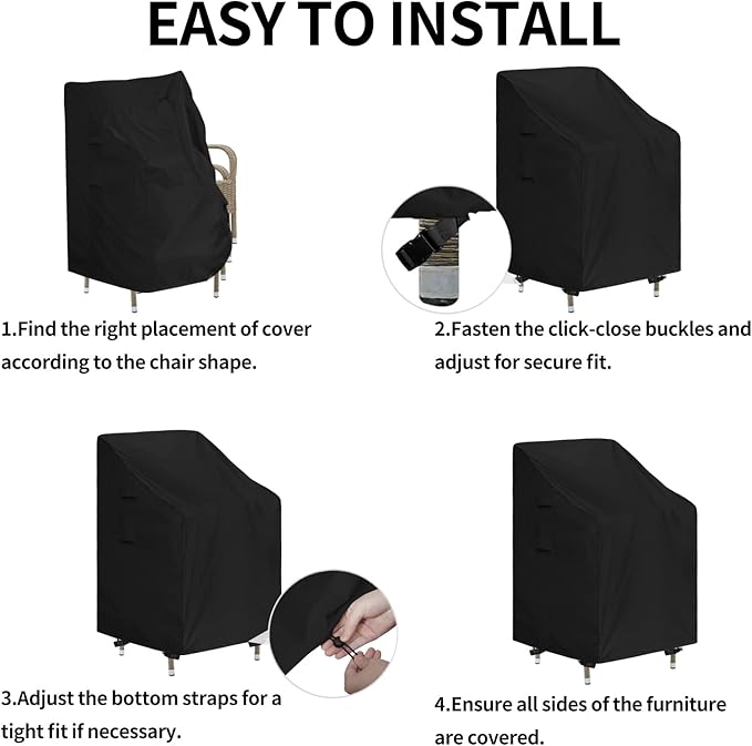 Easy-Going Stackable Patio Chair Cover UV Resistant Outdoor Chair Cover Waterproof Lawn Patio Furniture Covers Fits for 4-6 Stackable Dining Chairs (2 Pack-28Wx36Dx47H inch, Black)