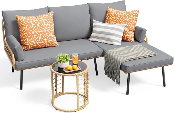 Gizoon 3-Piece Outdoor Patio Furniture Set, All-Weather PE Wicker L-Shaped Conversation Sofa with Thick Cushions & Glass Table, for Backyard, Porch, Balcony, Poolside (Grey)