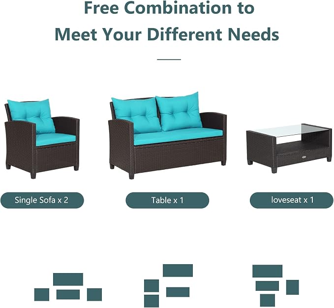 Tangkula 4-Piece Patio Furniture Set, Rattan Wicker Chair Set with 1 Loveseat, 2 Single Sofas, 1 Coffee Table with Tempered Glass Top, Outdoor Furniture Sets for Backyard, Porch, Garden and Poolside
