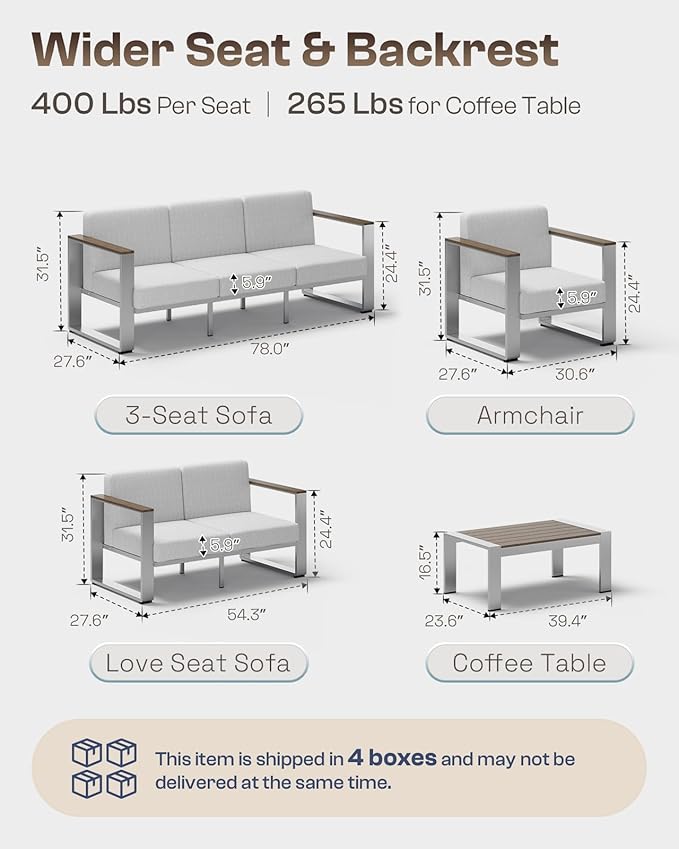 Patio Furniture Set, 5 Piece Aluminum Outdoor Furniture Set with Coffee Table, Wide Seat and Thick Cushions, Modern Outdoor Patio Conversation Sets for Deck, Porch (LightGray)