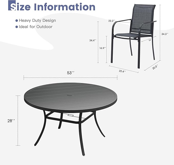 VICLLAX Round Outdoor Dining Set, Patio Table and Chairs Set Set of 8 Patio Stackable Chairs and 53" Outdoor Round Table with Umbrella Hole for Lawn Garden, Dark Grey Chairs and Dark Grey Table