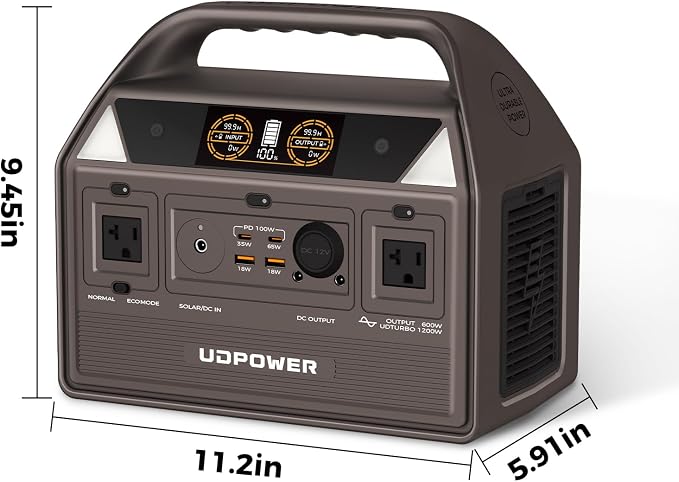 UDPOWER C600 Solar Generator with 120W Panel, 595Wh LiFePO4, 600W (Surge 1200W) AC Outlet, Portable Power Station for Camping RV Emergency Backup Brown