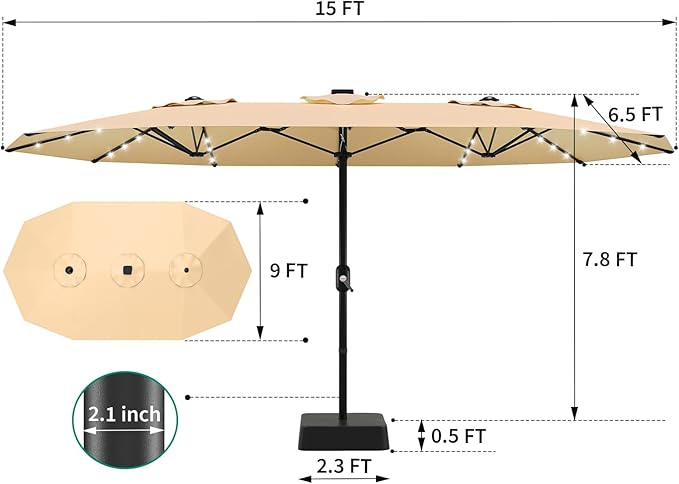 15FT Double-Sided Rectangular Outdoor Patio Umbrella with Included Base & Solar LED Lights–UV-Resistant & Waterproof Canopy,Heavy-Duty Steel Frame,Large Sun Shade for Garden,Deck,Poolside & Backyard