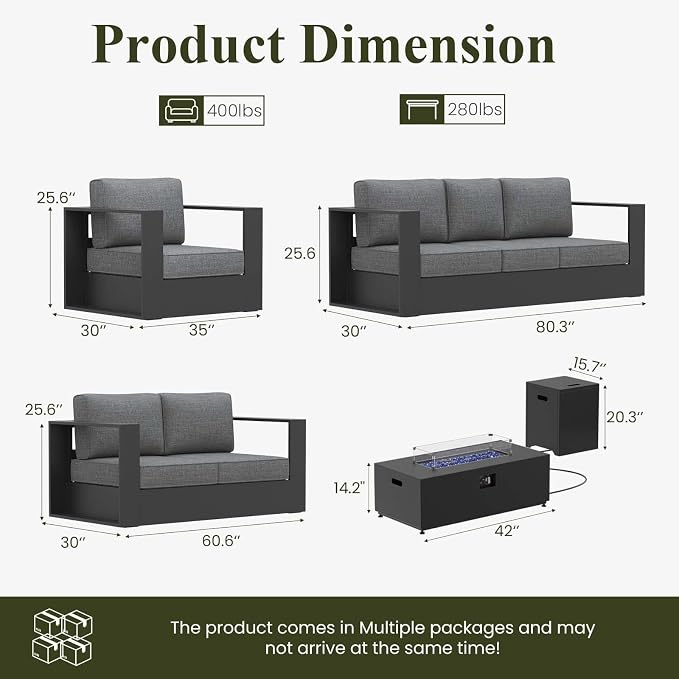 LayinSun Oversized Aluminum Outdoor Furniture Set, 5 Piece Patio Sofa Sets with Fire Pit Table, Deep Seating and Upgraded 6-inch Cushions for Porch, Balcony, Deck