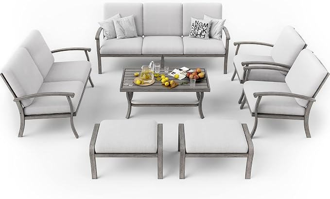 HAPPATIO 7 Piece Aluminum Patio Furniture Set, 3-Seat Outdoor Loveseat, Outdoor Sectional Sofa with Ottomans and Coffee Table, Garden Conversation Set with Armchairs for Lawn Deck (Gray)