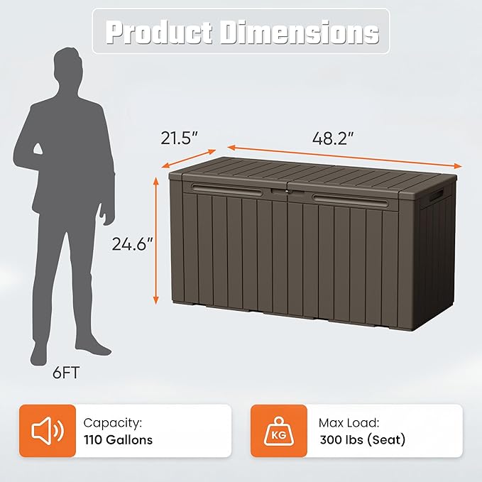 Greesum 110 Gallon Outdoor Storage Box with Lockable Lid, All-Weather Solution for Patio Furniture, Pool Supplies & Garden Tools, Waterproof, UV-Resistant Large Deck Box, Brown
