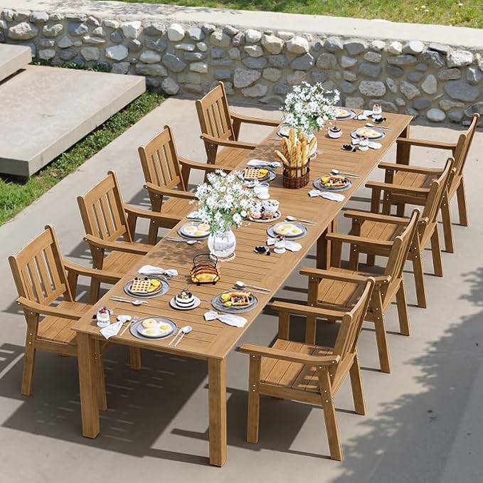 YEFU HIPS Patio Table Set: 10 Piece Outdoor Table and Chairs Dining Furniture Set with Umbrella Hole - Teak Modern Plastic Dining Sets 8 Person for Outside Deck with Metal Aluminum Frame
