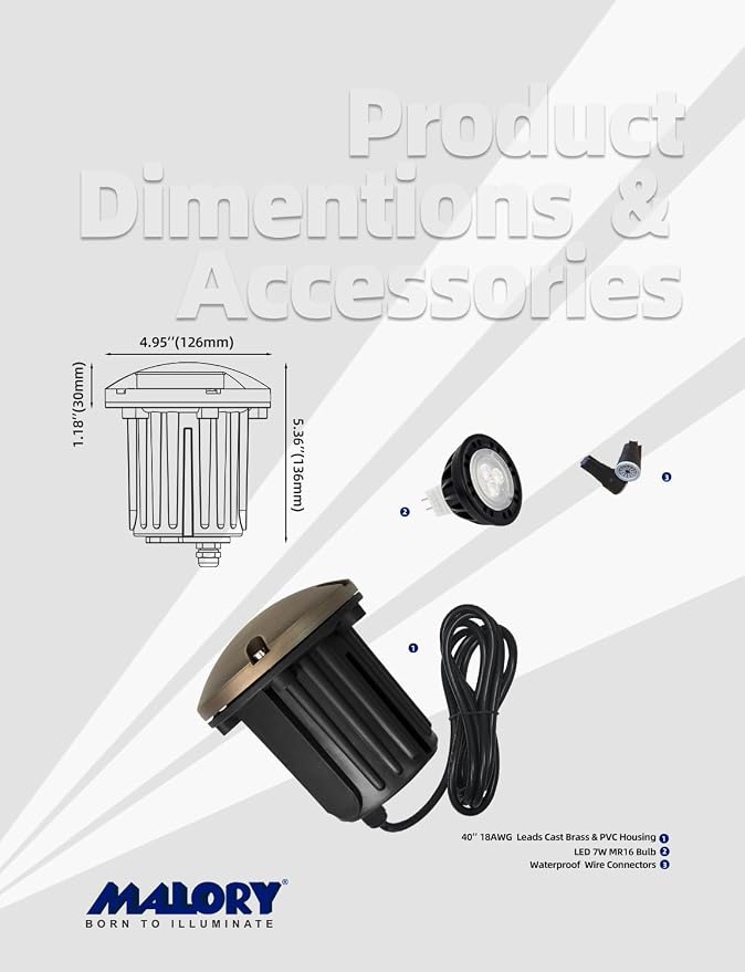 MALORY Brass Top Cover Landscape Well Lights,(φ126 mm 12V Low Voltage Outdoor In Ground Lights,5W Landscape Lighting for Pathway, Driveway and Garden (One-Direction Turret, 10-Pack with Bulb)