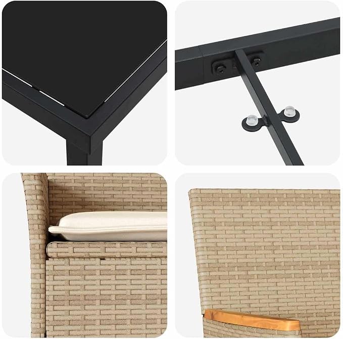 5 Piece Outdoor Dining Set, Beige Poly Rattan Patio Table and 4 Chairs, Garden Furniture Set with Washable Cushions and Tempered Glass Tabletop