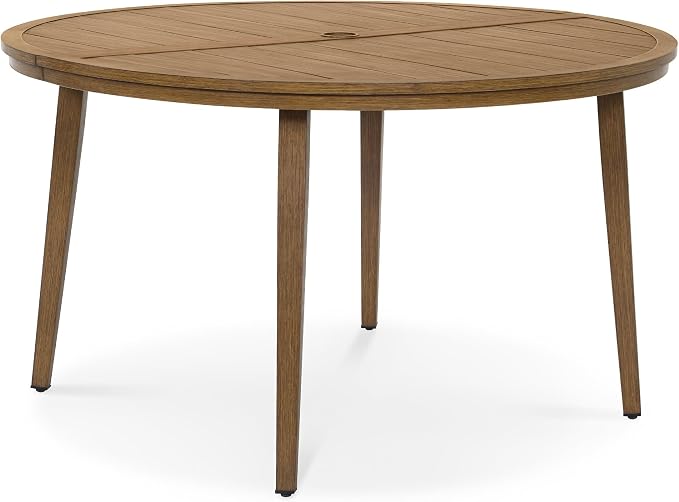 51" All-Aluminum Round Outdoor Dining Table, Modern Faux Wood Grain Patio Table for 6 with Umbrella Hole, Rust-Resistant Dining Table for Garden, Backyard, Poolside & Lawn, Teak
