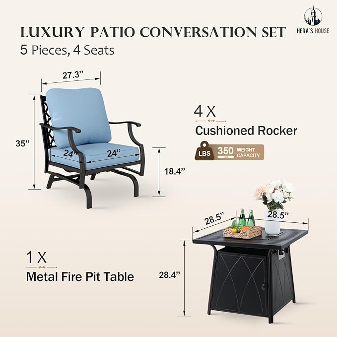 HERA'S HOUSE 5 Pieces Patio Furniture Set with Fire Pit Table, 4 x Thick Cushioned Rocking Chairs, 1 x 28 Fire Pit Table (50,000 BTU), Outdoor Conversation Set for Garden, Backyard, Lawn, Blue
