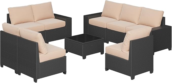 Aoxun Patio Furniture Set, 9 Pcs Outdoor Patio Furniture Sets with 4 in Thicken Cushion, Widen Armrests Wicker Outdoor Sectional for Backyard & Garden, Beige