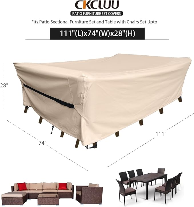 Patio Furniture Set Covers Waterproof Patio Conversation Sets Cover Outdoor Sectional Sofa Couch Cover Outside Dining Set Table and chairs Covers Heavy Duty 600D 111" L x 74" W x 28" H Beige