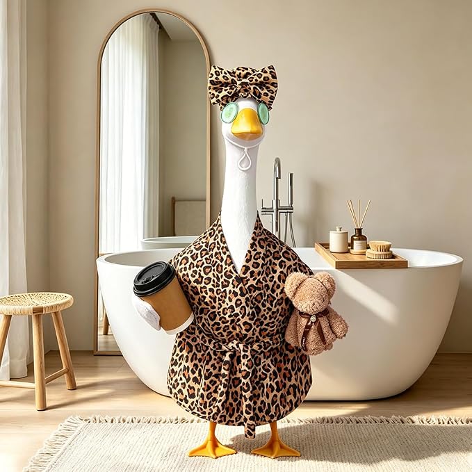 Celltestria Lady Goose Outfits for 23" Geese Bathrobe Brown Leopard Porch Goose Costume Coffee Cup Bear Cucumber Eye Mask Goose Clothes for Outdoor Patio Yard Lawn Garden Decoration