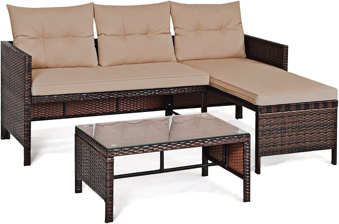 3 Pieces Rattan Sectional Sofa Set, Patio Wicker Rattan Conversation Set with Chaise Lounge, Love Seat & Coffee Table, Patio Furniture Set for Garden, Lawn, Poolside (Brown)