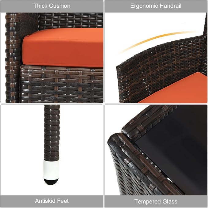 Tangkula 8 PCS Patio Rattan Conversation Set, Outdoor Wicker Furniture Set with Tempered Glass Coffee Table &Thick Cushion, Rattan Chair Wicker Set for Garden, Lawn, Poolside and Backyard (2, Orange)