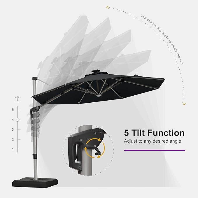 PURPLE LEAF Cantilever Umbrella with base 10ft Outdoor Round Patio Solar Powered LED Umbrella with 360-degree Rotation for Garden Deck Pool Patio, Black