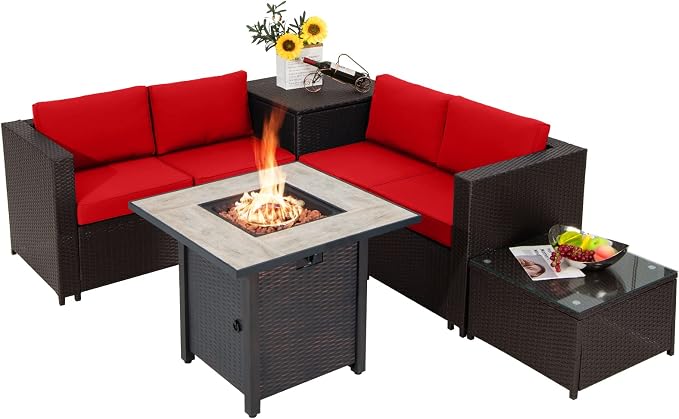 COSTWAY 5 Piece Patio Furniture Set with 30'' Fire Pit Table, Outdoor Wicker Rattan Loveseat Sofa with 4'' Thickened Cushions, 2 Side Tables, Sectional Conversation Set for Backyard (Red)