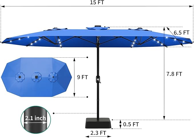 15FT Double-Sided Rectangular Outdoor Patio Umbrella with Included Base & Solar LED Lights–UV-Resistant & Waterproof Canopy,Heavy-Duty Steel Frame,Large Sun Shade for Garden,Deck,Poolside & Backyard