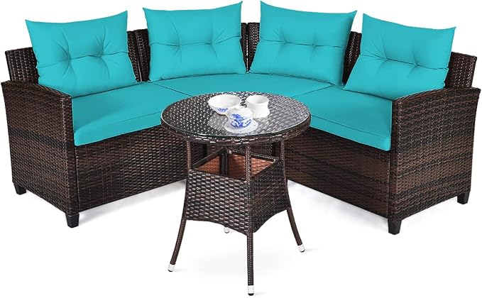 COSTWAY 4-Piece Patio Furniture Set, Wicker Rattan Sofa with Cushions and Coffee Table, Outdoor Sectional Conversation Sofa Set for Poolside Backyard Lawn Backyard (Turquoise)