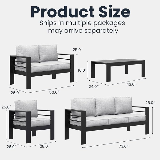 5 Pieces Modern Aluminum Patio Furniture Set, Outdoor Conversation Sets Metal Sectional Sofa with Coffee Table