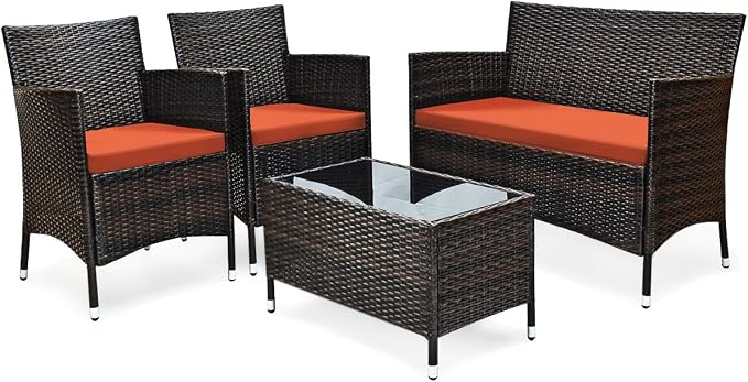 4 Pieces Patio Sofa Set, Wicker Conversation Set with Ergonomic Curved Backrest, Patio Rattan Furniture Set with Water-Resistant Cushion & Tempered Glass Table for Balcony, Porch (Orange)