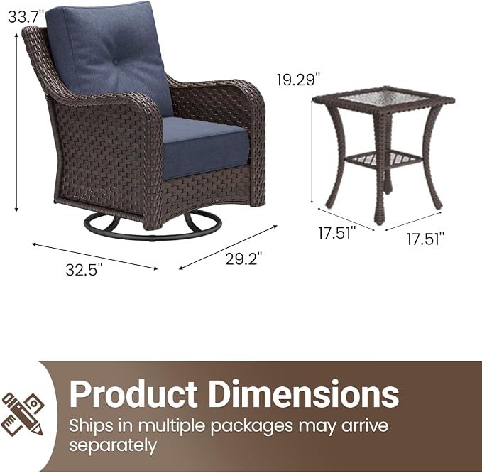 3 Pieces Outdoor Furniture Set with 6-inch Cushions, High Back Wicker Swivel Rocker Chairs with Coffee Table, Luxury Conversation Set for Deck Patio and Poolside