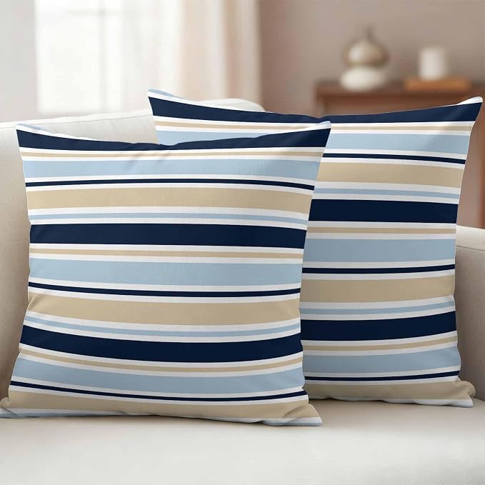 Navy Blue Khaki Striped Outdoor Pillow Cover 18x18 Inch Cushion Sham Case, Farmhouse Stripes Modern Abstract Art Waterproof Decorative Square Throw Pillowcase for Outside Garden Patio Porch Couch