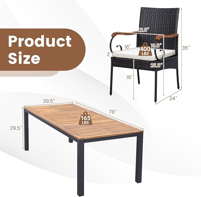 Tangkula 9 Pieces Patio Rattan Dining Set with Acacia Wood Table, Outdoor Table and Chairs Set with Cushions and 1.9” Umbrella Hole, Outdoor Dining Furniture Set for Backyard, Garden and Poolside