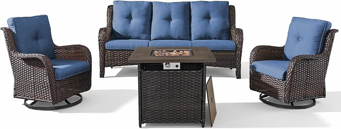 Belord 4 Piece Patio Wicker Furniture Set, Outdoor Swivel Rocker Chairs, All Weather Outdoor Patio Couch with Fire Pit Table for Deck Porch, Brown Wicker/Blue