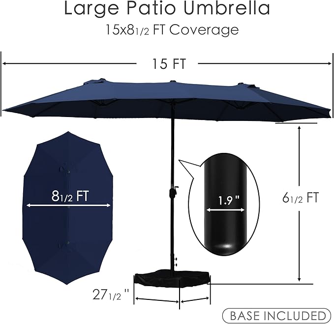 Kozyard 15 FT Rectangular Double-Sided Patio Umbrella with Solar Lights, Outdoor Patio Umbrella with Crank Lift, Base Included, UV-Resistant for Pool, Backyard & Garden NavyBlue