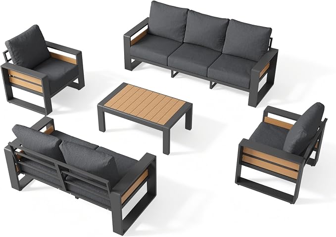Aoxun Aluminum Patio Furniture Set, 5 Piece Luxury Outdoor Sectional with 6" Olefin Fabric Cushions, Patio Conversation Sets with Coffee Table and Waterproof Cover for Backyard, Porch Dark Grey
