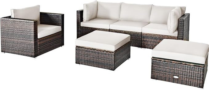 Tangkula 6 Pieces Wicker Patio Furniture Set, PE Rattan Outdoor Sectional Conversation Set with Glass Coffee Table & Ottoman, Wicker Sofa Set with Cushions for Yard Garden, Deck, Porch (White)