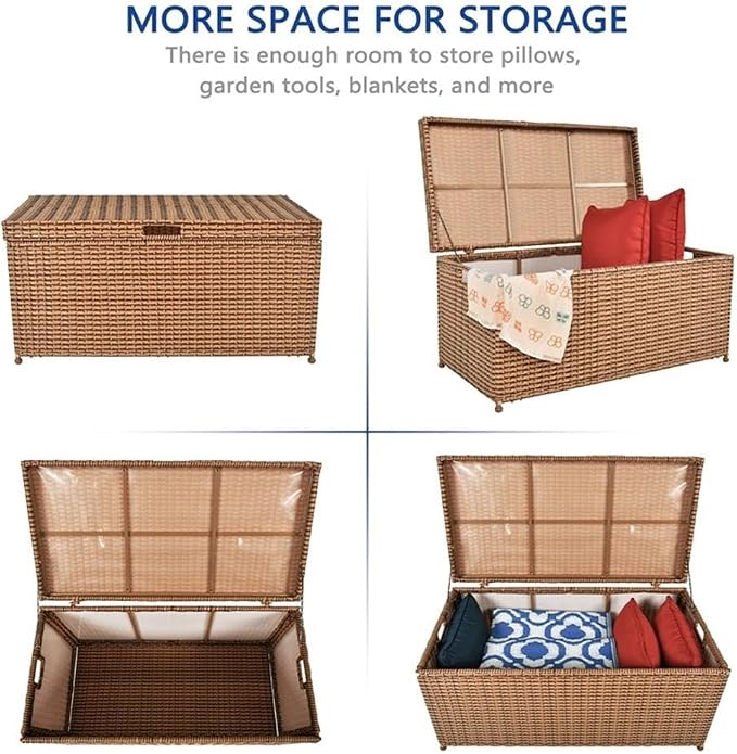 BOWERY HILL Wicker Patio Storage Deck Box, Honey Finish, 40" W x 20" D x 20" H, Resin Wicker with Steel Frame, Hinged Lid, All-Weather Outdoor Storage for Blankets, Pillows or Towels