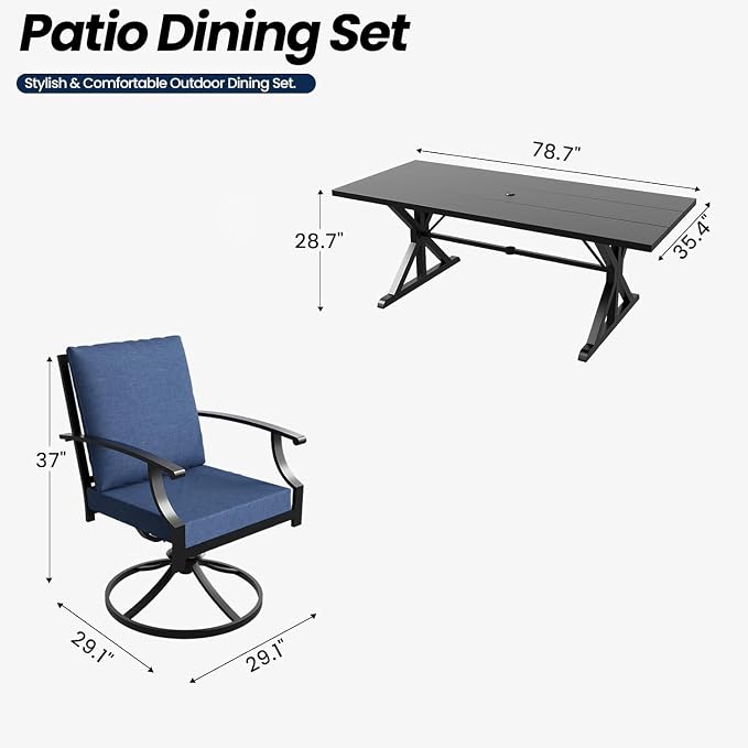 9 Pieces Outdoor Patio Dining Set,Patio Table and Chairs Metal Outdoor Patio Furniture Set with Umbrella Hole,Dining Table Set with 8 Swivel Chairs for Deck,Backyard and Garden,Navy Blue