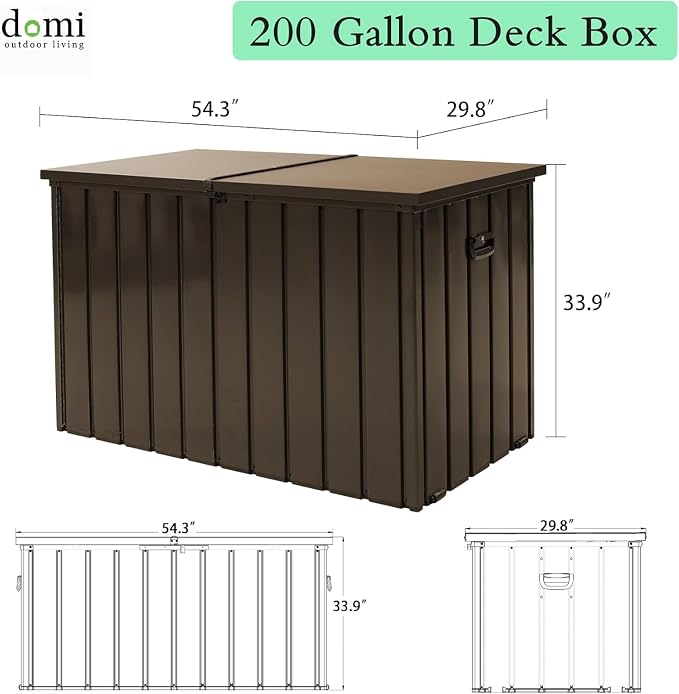 200 Gallon Metal Deck Box, Waterproof Outdoor Storage Box with Lockable Lid, Large Pool Storage Cabinet for Patio Furniture Garden Tools Pool Supplies, Brown