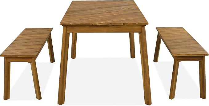 LUMISOL 3 Pieces Outdoor Dining Table Set, Acacia Wood Dining Table Set with 2 Benches for 4 Persons, Picnic Beer Table for Patio, Porch, Garden, Poolside, Natural