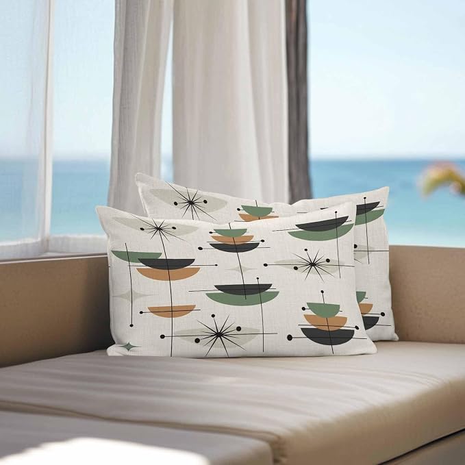 Vandarllin Outdoor Throw Pillows Covers 20x12 inch Set of 2 Waterproof Boho Mid Century Decorative Zippered Cushion Covers for Patio Furniture, Green Orange Geometric Abstract Lumbar Pillowcases