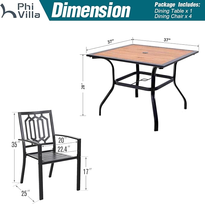 PHI VILLA 5 Pcs Patio Dining Set for 4, 37" Square Wood-Like Table | 37" Square Metal Table with Polywood Top & Stacking Wrought Iron Chairs, Outside Furniture for Patio, Deck, Yard, Porch